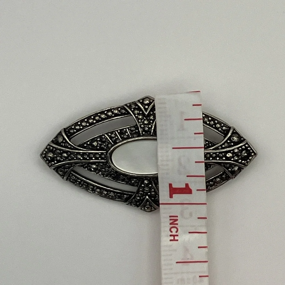 Vtg Avon Art Deco Revival Silver Tone Mother of Pearl Marcasite Style Brooch Pin